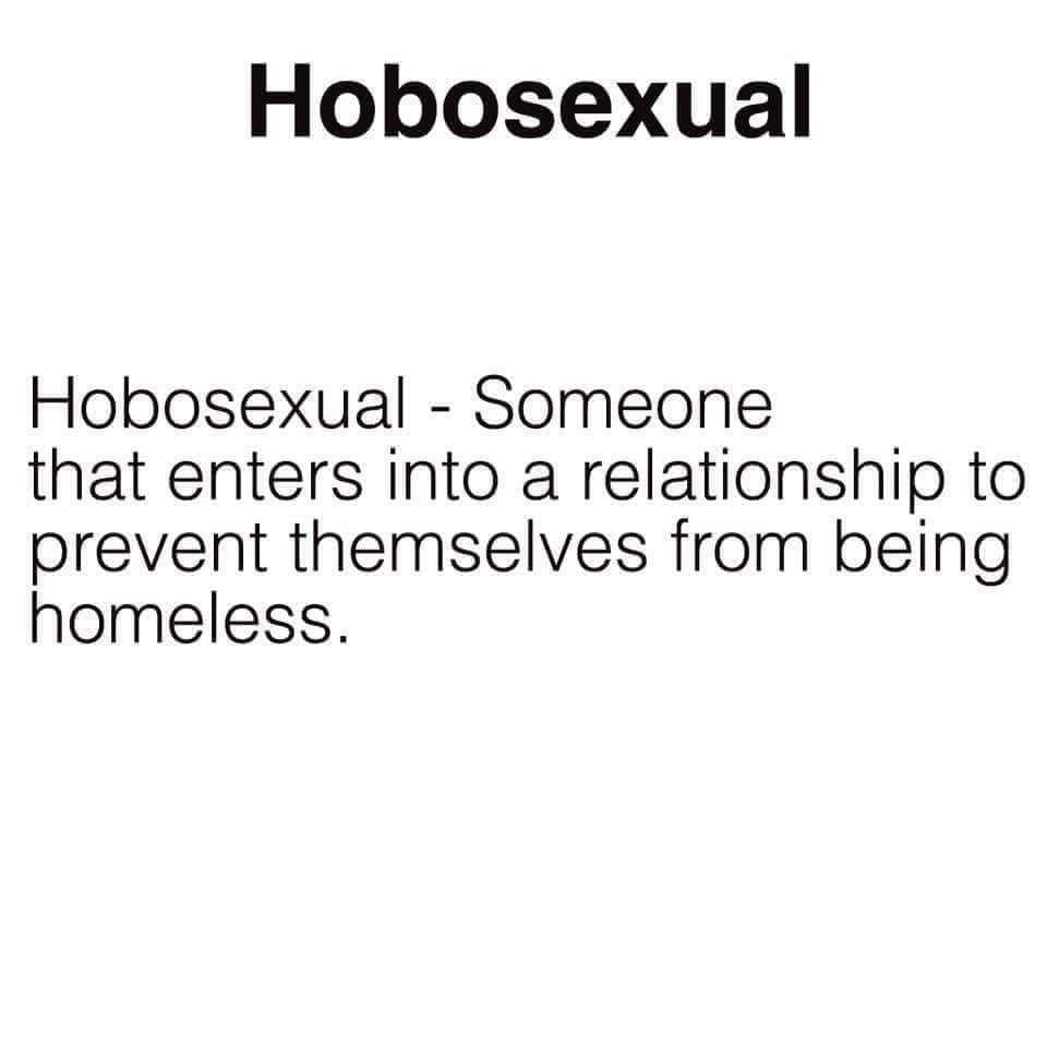 Protein - Hobosexual Hobosexual Someone that enters into a relationship to prevent themselves from being homeless.
