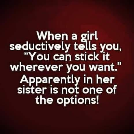love - When a girl seductively tells you, "You can stick it wherever you want." Apparently in her sister is not one of the options!