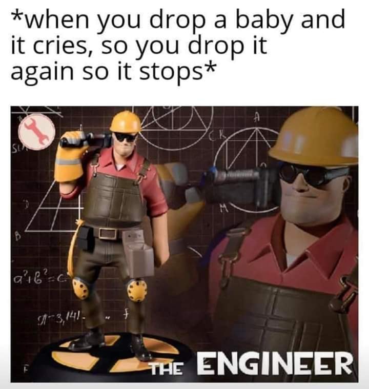 engineer meme - when you drop a baby and it cries, so you drop it again so it stops abc 3,141. . The Engineer