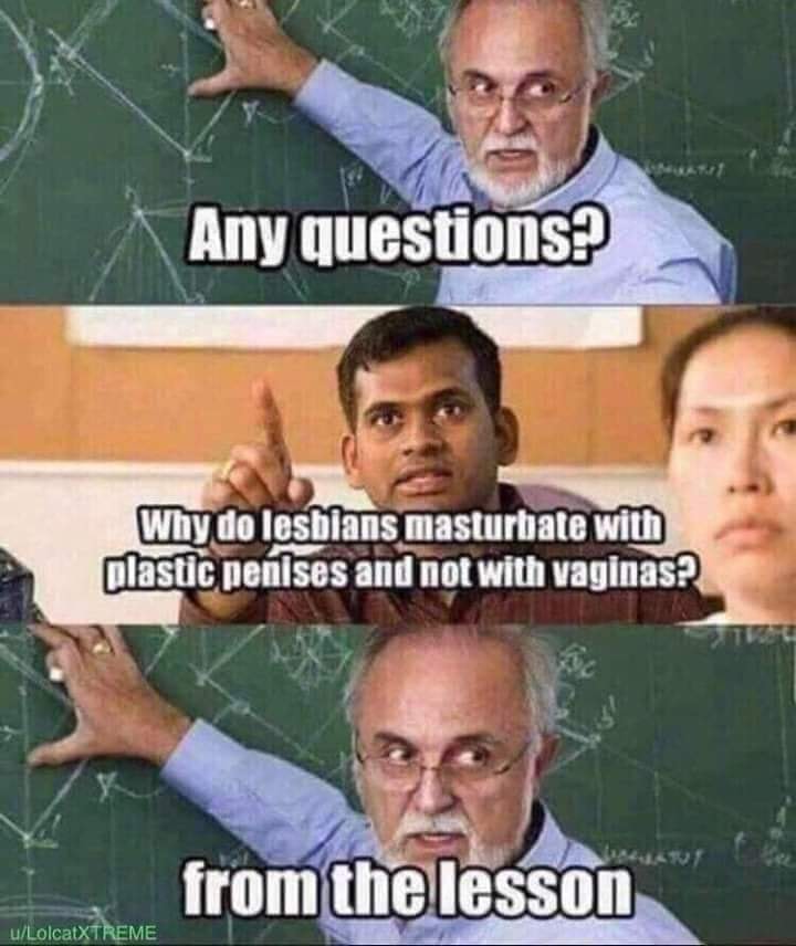 any questions meme - Any questions? Why do lesbians masturbate with plastic penises and not with vaginas? from the lesson uLolcatXTREME