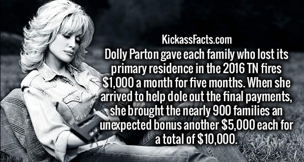 friendship - KickassFacts.com Dolly Parton gave each family who lost its primary residence in the 2016 Tn fires $1,000 a month for five months. When she arrived to help dole out the final payments, she brought the nearly 900 families an unexpected bonus a