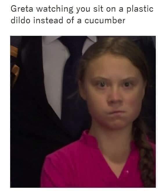 photo caption - Greta watching you sit on a plastic dildo instead of a cucumber