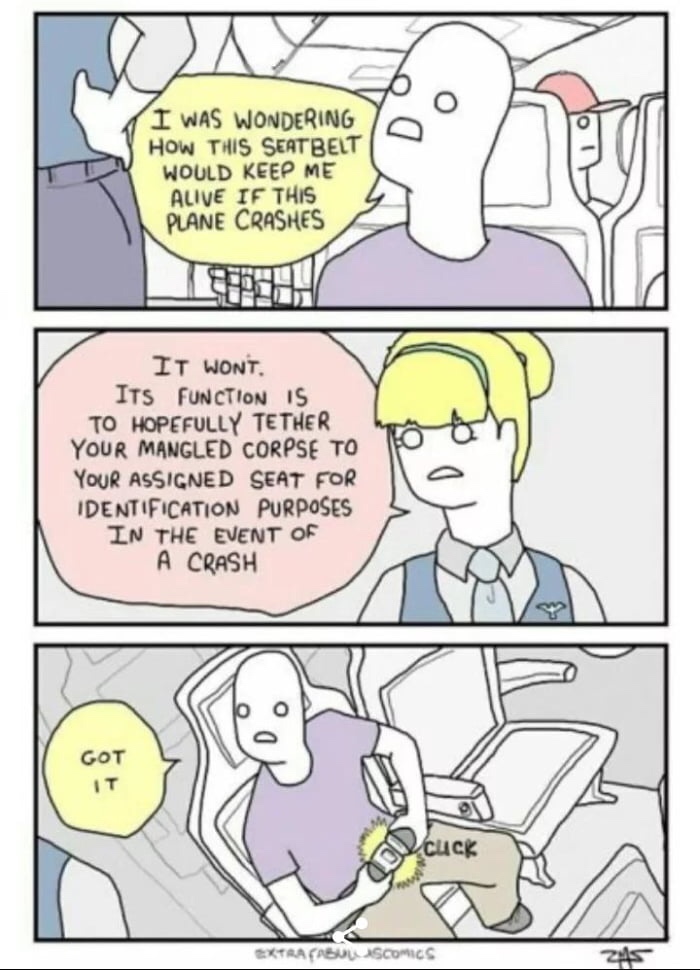 seat belts comics - I Was Wondering How This Seatbelt Would Keep Me Alive If This Plane Crashes It Wont. Its Function Is To Hopefully Tether Your Mangled Corpse To Your Assigned Seat For Identification Purposes In The Event Of A Crash Got Cuck Extracasusc