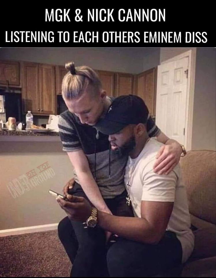photo caption - Mgk & Nick Cannon Listening To Each Others Eminem Diss N Top
