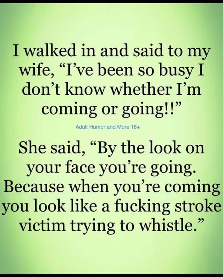 quotes - I walked in and said to my wife, I've been so busy I don't know whether I'm coming or going!! Adult Humor and More 18 She said, By the look on your face you're going. Because when you're coming you look a fucking stroke victim trying to whistle.