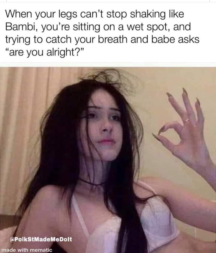 you get done choking on his dick - When your legs can't stop shaking Bambi, you're sitting on a wet spot, and trying to catch your breath and babe asks "are you alright?" Me Dolt made with mematic