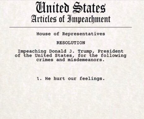 document - United States Articles of Impeachment House of Representatives Resolution Impeaching Donald J. Trump, President of the United States, for the ing crimes and misdemeanors. 1. He hurt our feelings.