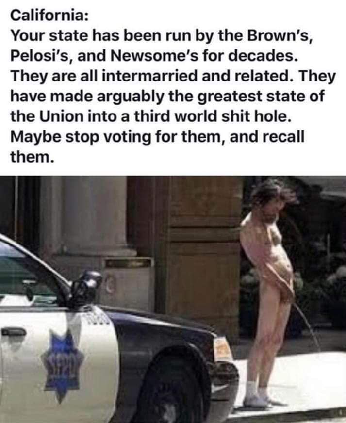 photo caption - California Your state has been run by the Brown's, Pelosi's, and Newsome's for decades. They are all intermarried and related. They have made arguably the greatest state of the Union into a third world shit hole. Maybe stop voting for them