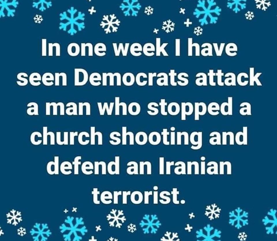 tree - In one week I have seen Democrats attack a man who stopped a church shooting and defend an Iranian terrorist.