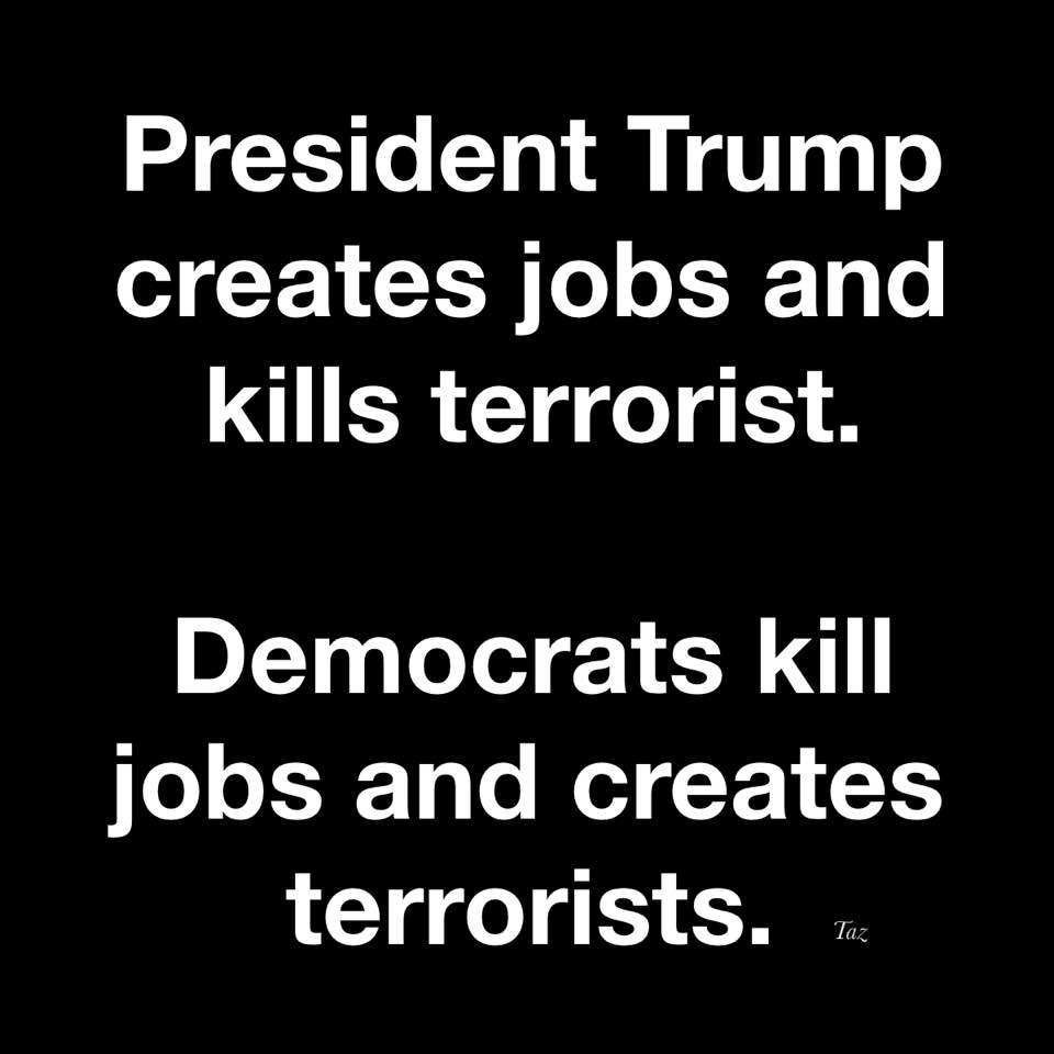 aint no fortunate son - President Trump creates jobs and kills terrorist. Democrats kill jobs and creates terrorists. Taz