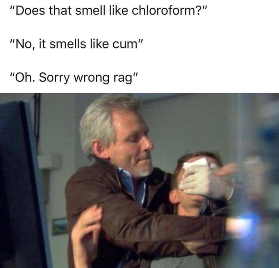 photo caption - "Does that smell chloroform?" "No, it smells cum" "Oh. Sorry wrong rag"