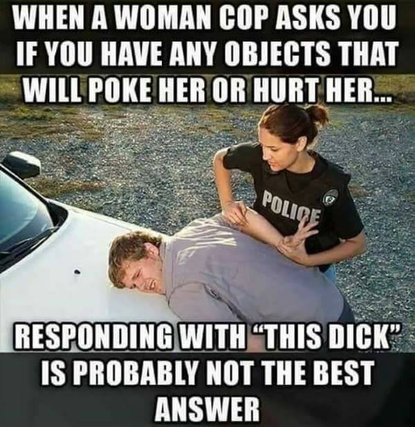woman cop meme - When A Woman Cop Asks You If You Have Any Objects That Will Poke Her Or Hurt Her... Police Responding With This Dick. Is Probably Not The Best Answer
