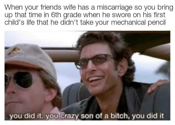 you did it jeff goldblum meme - When your friends wife has a miscarriage so you bring up that time in 6th grade when he swore on his first child's life that he didn't take your mechanical pencil you did it. you crazy son of a bitch, you did it