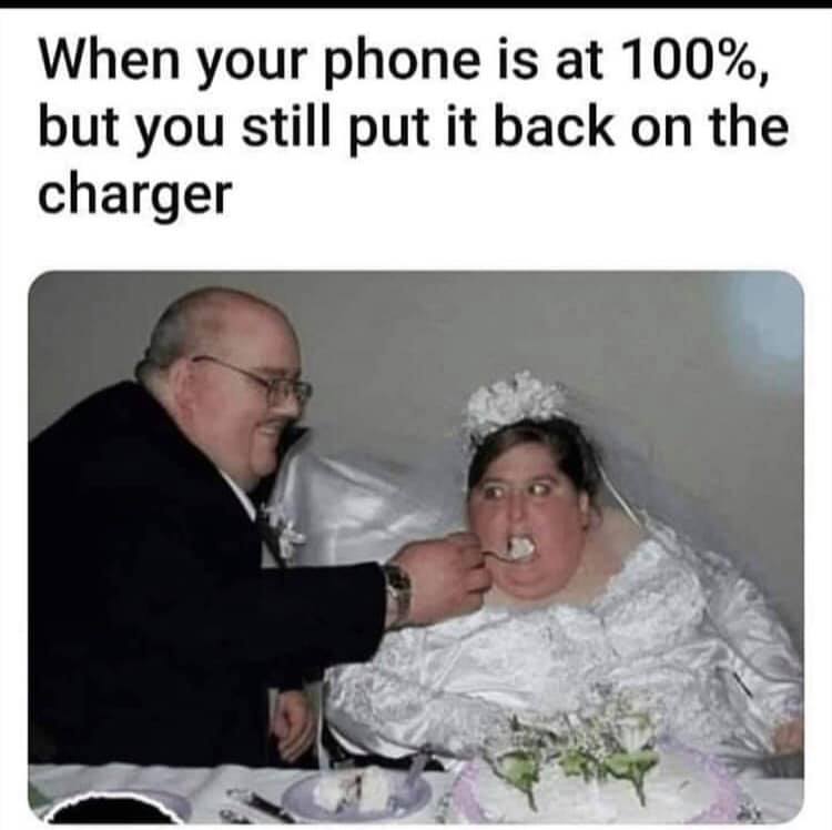 funny memes - om nom nom nom - When your phone is at 100%, but you still put it back on the charger