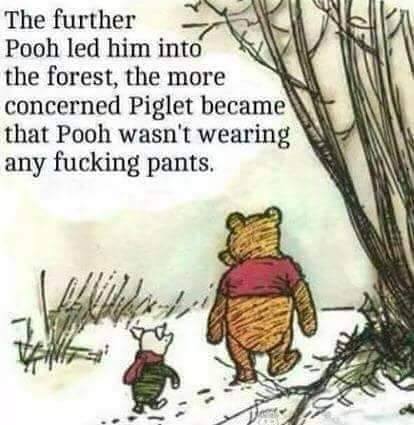 funny memes - pooh piglet meme - The further Pooh led him into the forest, the more concerned Piglet became that Pooh wasn't wearing any fucking pants.