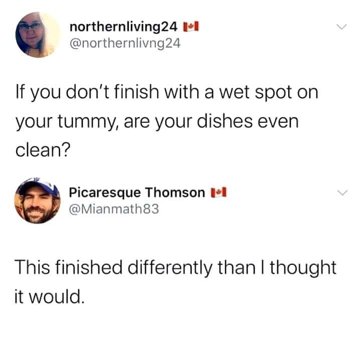 funny memes - tweets to make laugh out loud - northernliving24 If you don't finish with a wet spot on your tummy, are your dishes even clean? Saat Picaresque Thomson Ii This finished differently than I thought it would