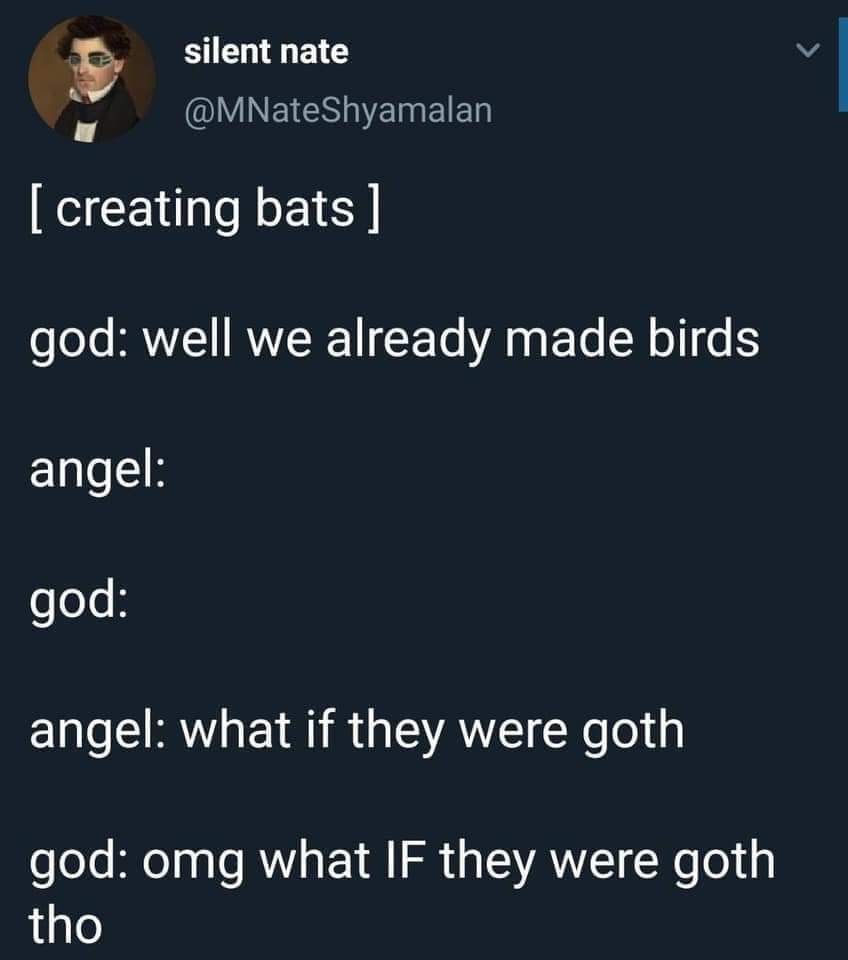funny pictures - memes - gifs - bats goth birds meme - silent nate creating bats god well we already made birds angel god angel what if they were goth god omg what If they were goth tho