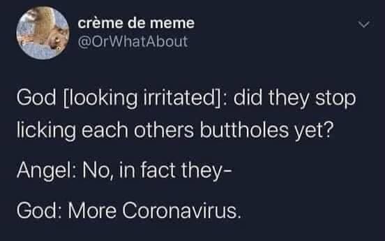 moonlight uh spotlight uh - crme de meme God looking irritated did they stop licking each others buttholes yet? Angel No, in fact they God More Coronavirus.