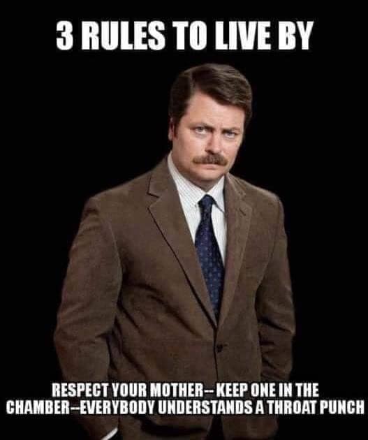 ron swanson - 3 Rules To Live By Respect Your MotherKeep One In The ChamberEverybody Understands A Throat Punch