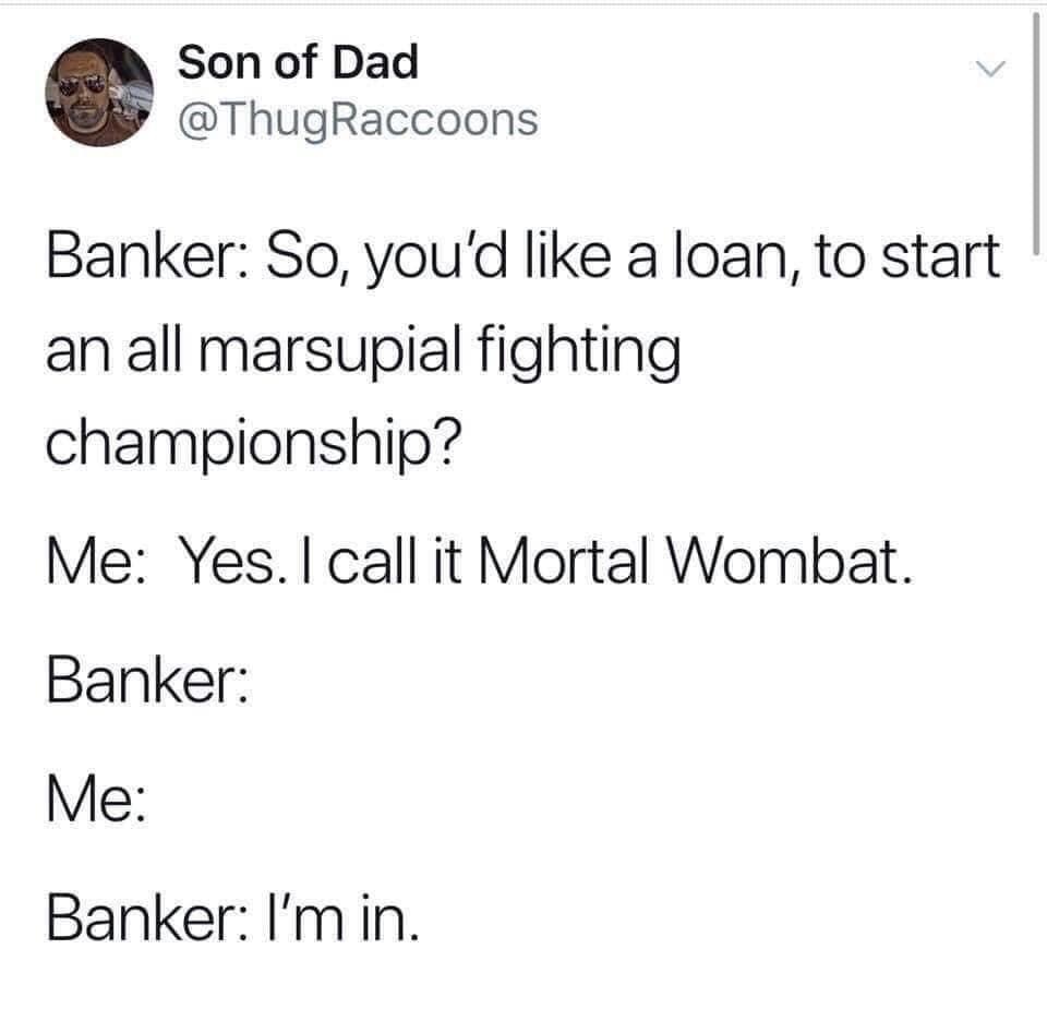mortal wombat meme - Son of Dad Raccoons Banker So, you'd a loan, to start an all marsupial fighting championship? Me Yes. I call it Mortal Wombat. Banker Me Banker I'm in.