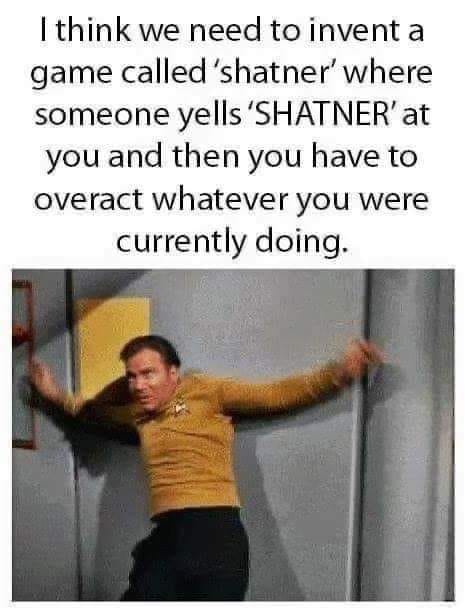shatner game - I think we need to invent a game called 'shatner' where someone yells 'Shatner'at you and then you have to overact whatever you were currently doing.