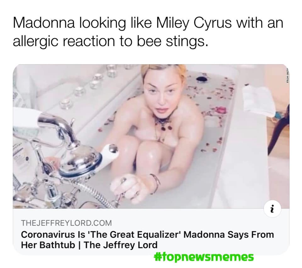 quotes - Madonna looking Miley Cyrus with an allergic reaction to bee stings. Trominit Thejeffreylord.Com Coronavirus Is 'The Great Equalizer' Madonna Says From Her Bathtub | The Jeffrey Lord