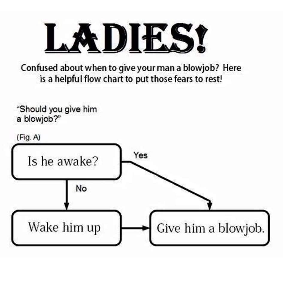 blow job flow chart - Ladies! Confused about when to give your man a blowjob? Here is a helpful flow chart to put those fears to rest! "Should you give him a blowjob?" Fig. A Is he awake? Yes is he awake? No Wake him up Give him a blowjob