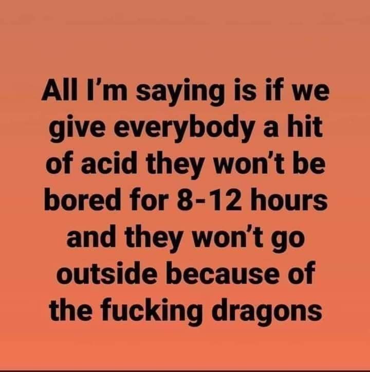 orange - All I'm saying is if we give everybody a hit of acid they won't be bored for 812 hours and they won't go outside because of the fucking dragons