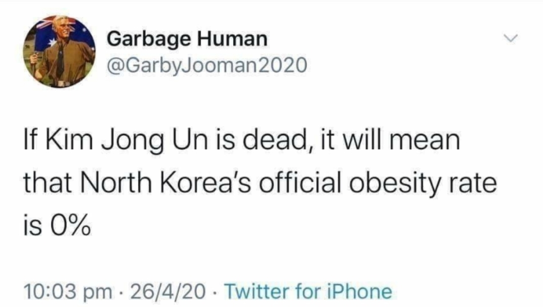 white people love saying memes - Garbage Human 2020 If Kim Jong Un is dead, it will mean that North Korea's official obesity rate is 0% 26420 Twitter for iPhone
