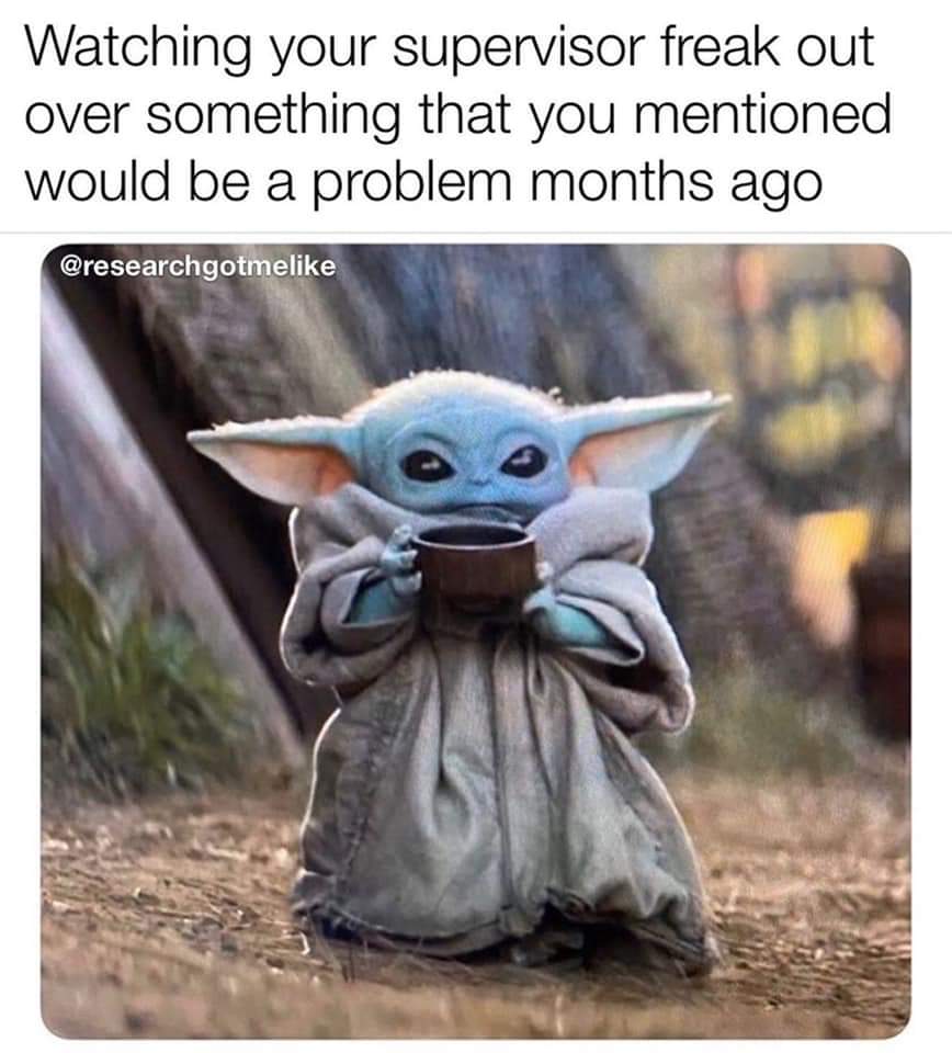 watching your supervisor freak out baby yoda meme - Watching your supervisor freak out over something that you mentioned would be a problem months ago
