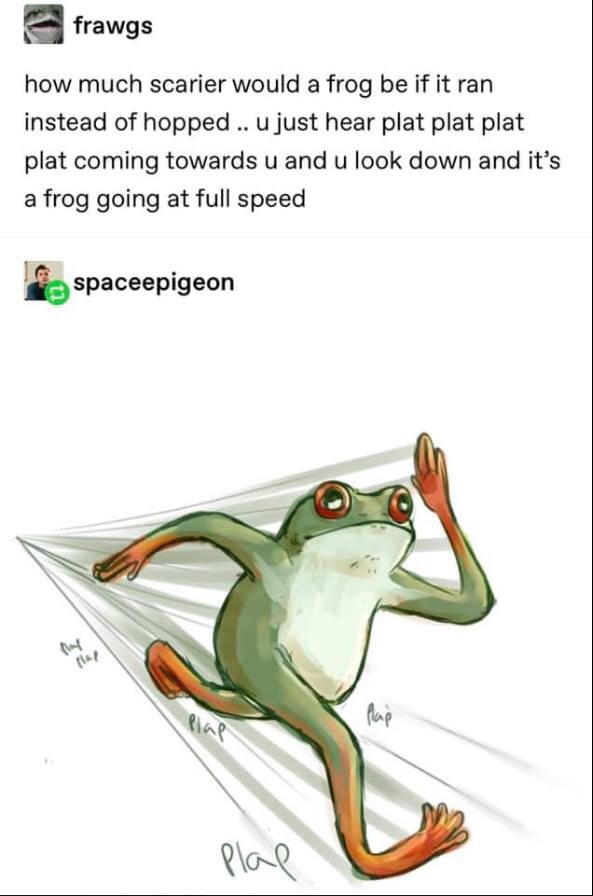 frog running meme - frawgs how much scarier would a frog be if it ran instead of hopped .. u just hear plat plat plat plat coming towards u and u look down and it's a frog going at full speed Pe spaceepigeon plap