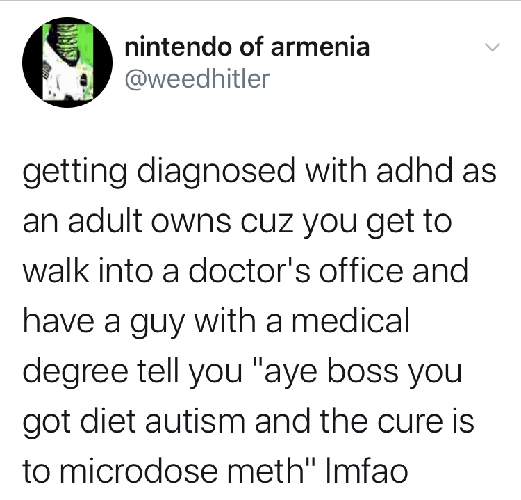 angle - nintendo of armenia getting diagnosed with adhd as an adult owns cuz you get to walk into a doctor's office and have a guy with a medical degree tell you "aye boss you got diet autism and the cure is to microdose meth" Imfao