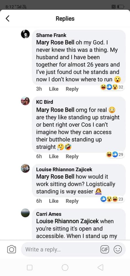 screenshot - " Replies Sharne Frank Mary Rose Bell oh my God. I never knew this was a thing. My husband and I have been together for almost 26 years and I've just found out he stands and now I don't know where to run 3h 0832 Kc Bird Mary Rose Bell omg for