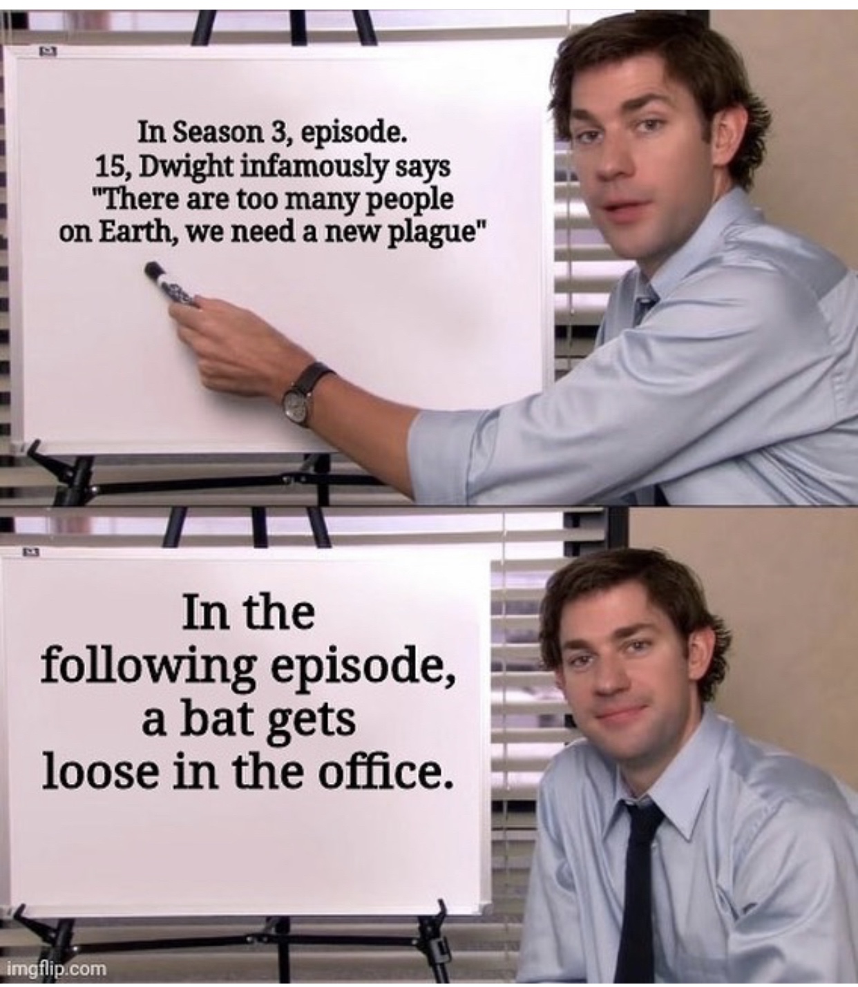office quotes - In Season 3, episode. 15, Dwight infamously says "There are too many people on Earth, we need a new plague" In the ing episode, a bat gets loose in the office. imgflip.com