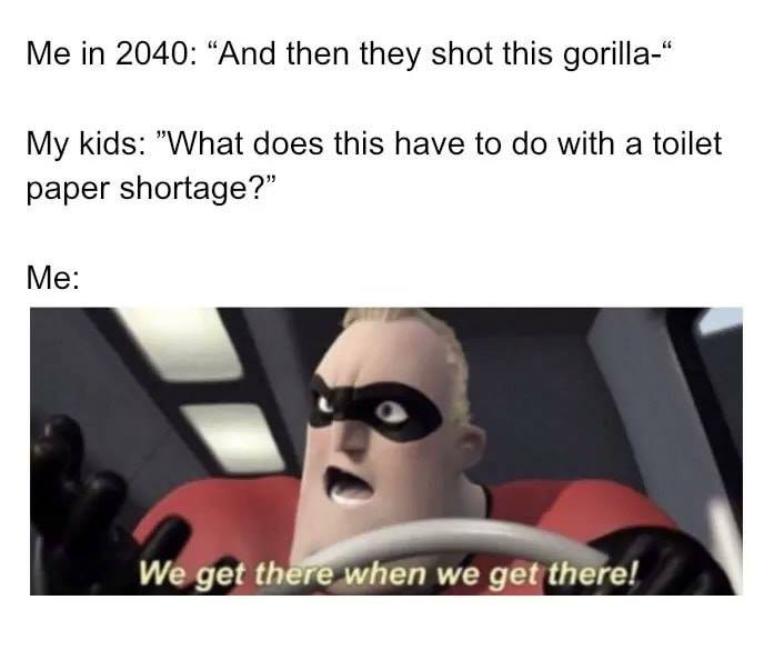 covid 19 memes funny - Me in 2040 And then they shot this gorilla" My kids "What does this have to do with a toilet paper shortage?" Me We get there when we get there!