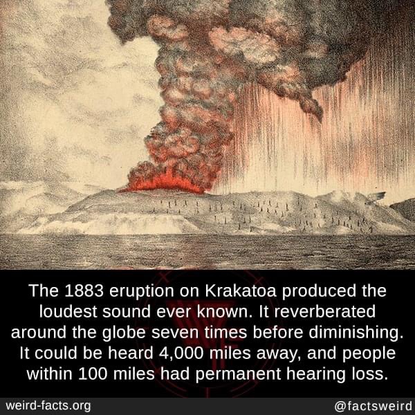 The 1883 eruption on Krakatoa produced the loudest sound ever known. It reverberated around the globe seven times before diminishing. It could be heard 4,000 miles away, and people within 100 miles had permanent hearing loss. weirdfacts.org
