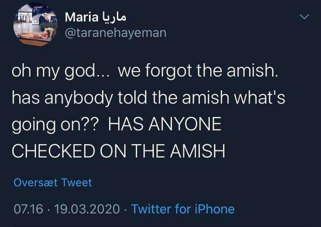 screenshot - Maria Lijls oh my god... we forgot the amish. has anybody told the amish what's going on?? Has Anyone Checked On The Amish Overst Tweet 07.16 . 19.03.2020 Twitter for iPhone