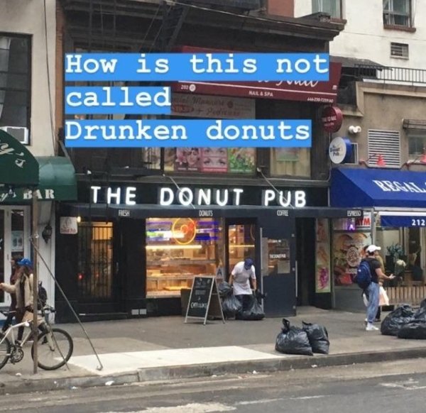 signage - www Mail & Spa How is this not called Drunken donuts Y" Bar The Donut Pub Ps Donuts Core Bo 212