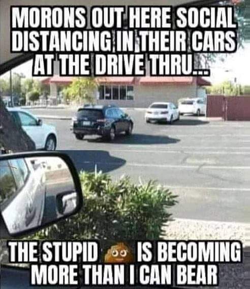 Stupidity - Morons Out Here Social Distancing In Their Cars At The Drive Thru... Oo The Stupid Is Becoming More Than I Can Bear