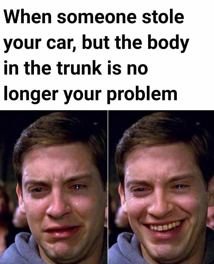 tobey maguire crying - When someone stole your car, but the body in the trunk is no longer your problem