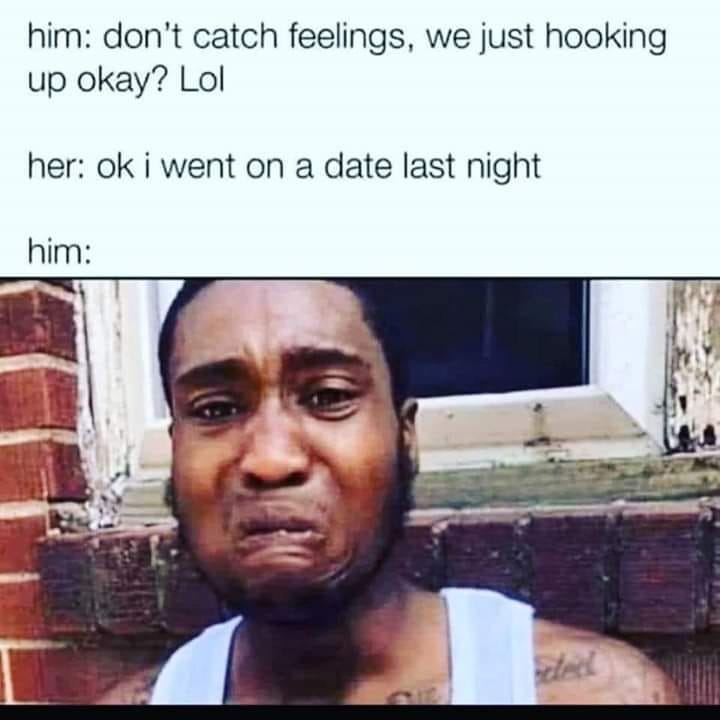 him don't catch feelings, we just hooking up okay? Lol her ok i went on a date last night him