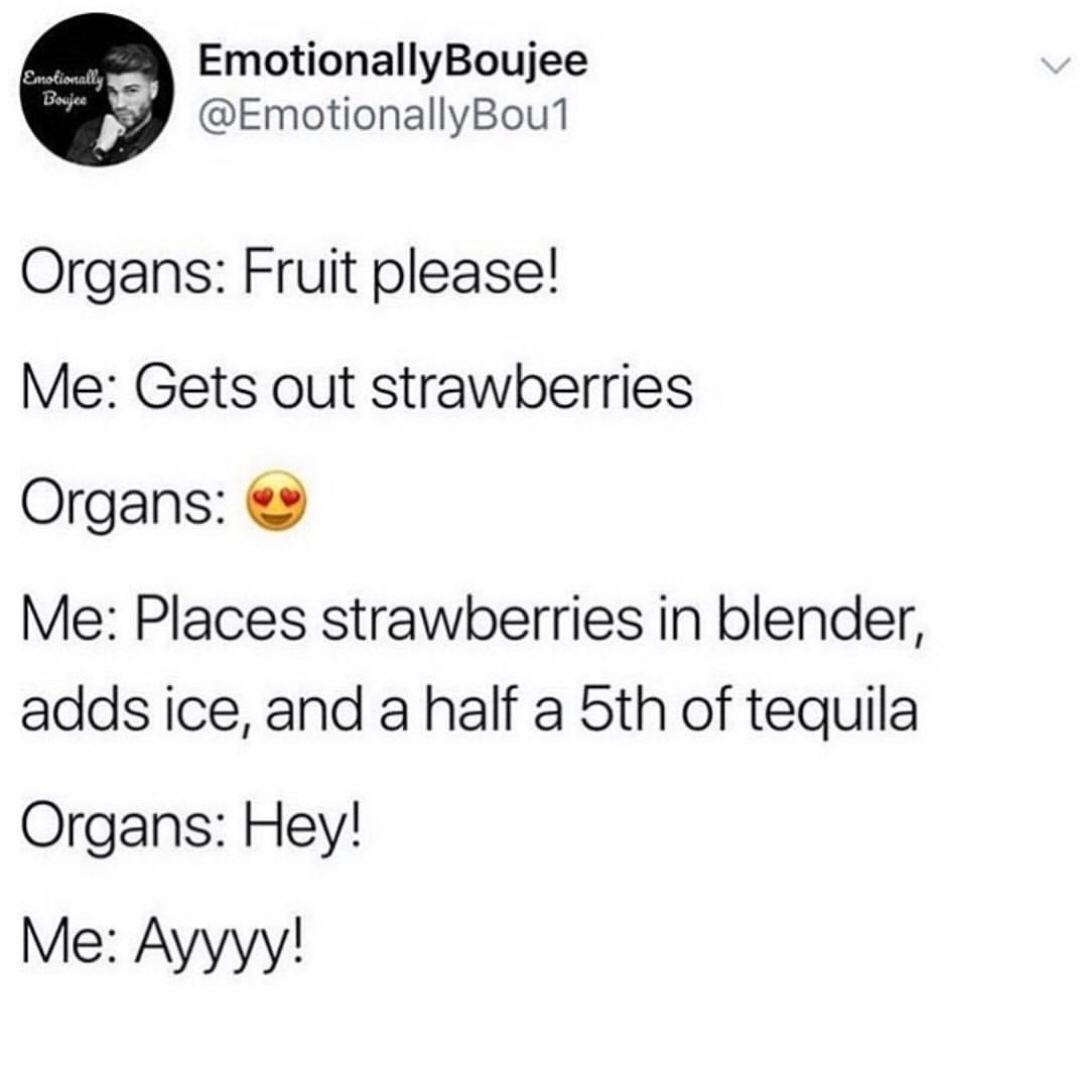 Organs Fruit please! Me Gets out strawberries Organs Me Places strawberries in blender, adds ice, and a half a 5th of tequila Organs Hey! Me Ayyyy!