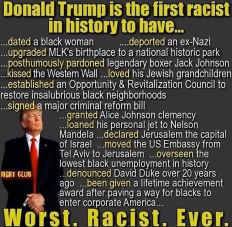 presentation - Donald Trump is the first racist in history to have... ...dated a black woman ....deported an exNazi ...upgraded Mlk's birthplace to a national historic park ...posthumously pardoned legendary boxer Jack Johnson ...kissed the Western Wall .