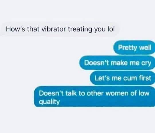 diagram - How's that vibrator treating you lol Pretty well Doesn't make me cry Let's me cum first Doesn't talk to other women of low quality