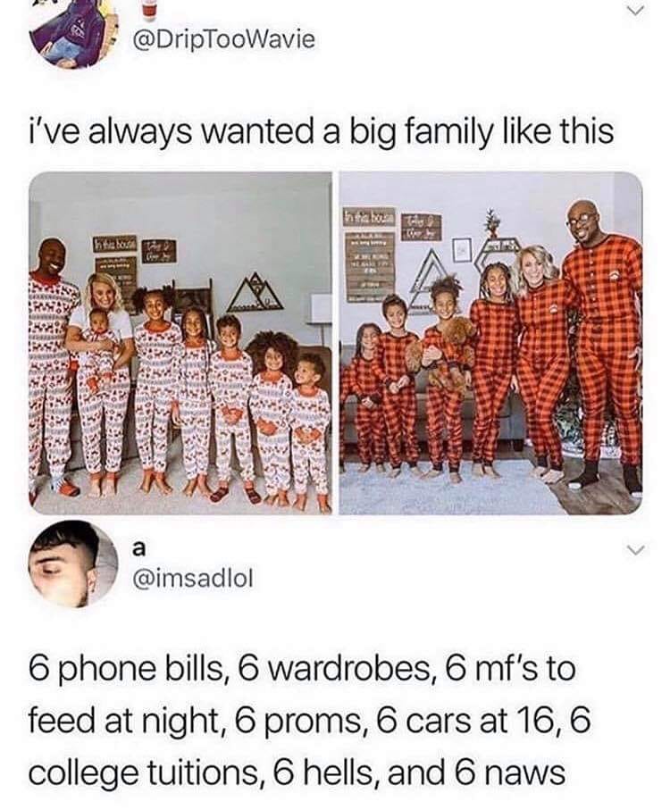 big families memes - i've always wanted a big family this wer Who T elib Kines a 6 phone bills, 6 wardrobes, 6 mf's to feed at night, 6 proms, 6 cars at 16,6 college tuitions, 6 hells, and 6 naws