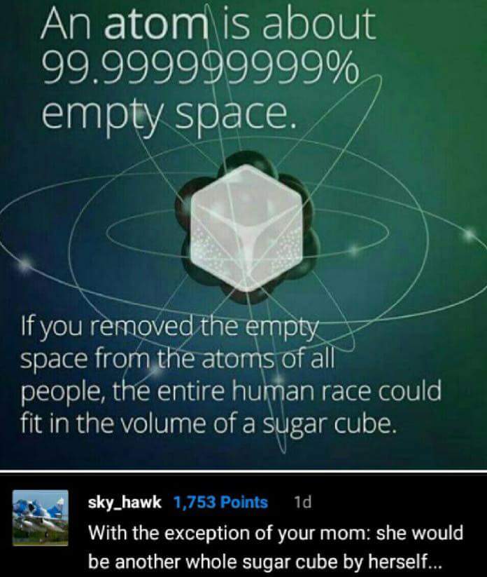 empty space in an atom - An atom is about 99.999999999% empty space. If you removed the empty space from the atoms of all people, the entire human race could fit in the volume of a sugar cube. sky_hawk 1,753 Points 1d With the exception of your mom she wo