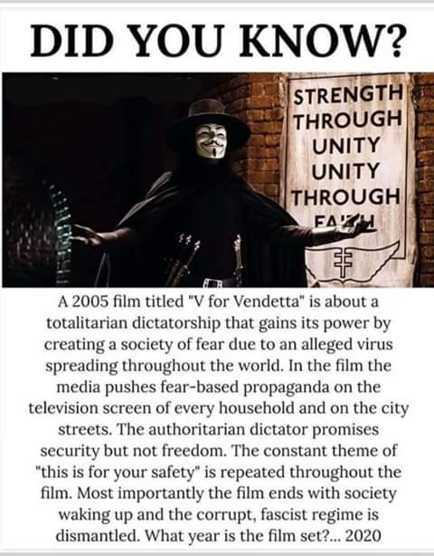 photo caption - Did You Know? Strength Through Unity Unity Through Fazh A 2005 film titled "V for Vendetta" is about a totalitarian dictatorship that gains its power by creating a society of fear due to an alleged virus spreading throughout the world. In 
