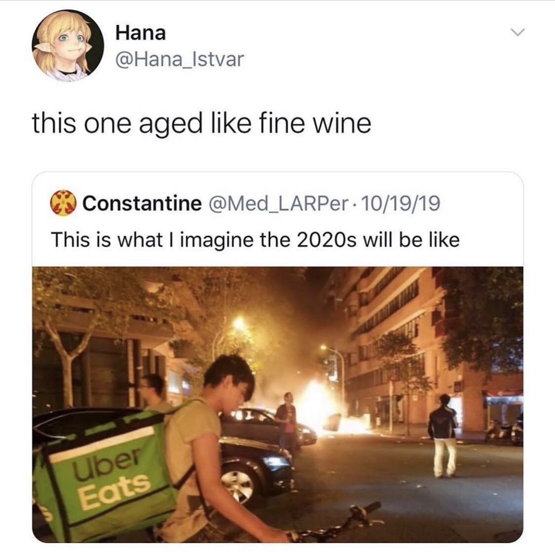 v Hana this one aged fine wine Constantine . 101919 This is what I imagine the 2020s will be Uber Eats