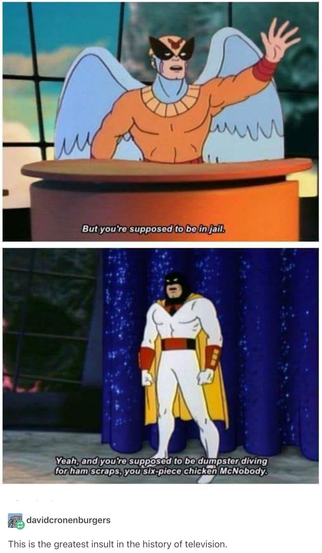 space ghost coast to coast meme - w But you're supposed to be in jail. Yeah, and you're supposed to be dumpster diving for ham scraps, you sixpiece chicken McNobody. davidcronenburgers This is the greatest insult in the history of television.