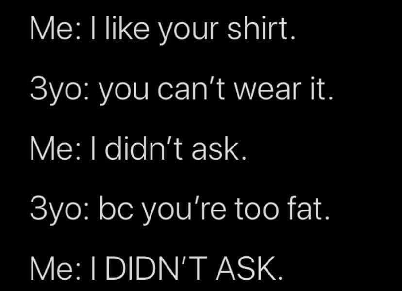 Me I your shirt. 3yo you can't wear it. Me I didn't ask. 3yo bc you're too fat. Me I Didn'T Ask.